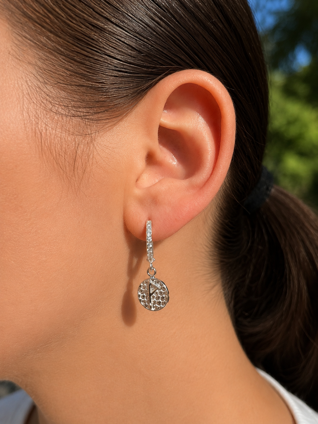 Wunjo Rune Earrings – Sterling Silver Rune Coin Hoops Zirconia